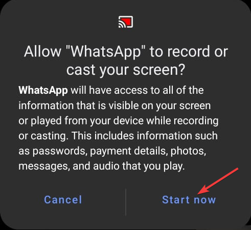 Beginnen Sie jetzt mit WhatsApp erlauben, Ihren Bildschirm aufzuzeichnen oder zu übertragen