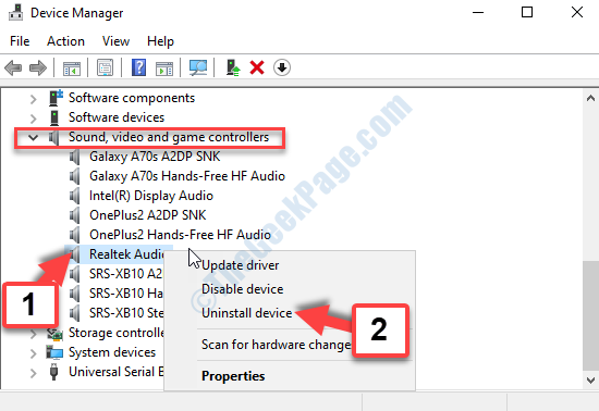 Geräte-Manager Sound-, Video- und Gamecontroller Realtek Audio Rechtsklick Deinstallieren