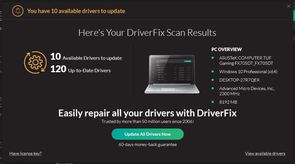 DriverFix Updater-Ergebnisse