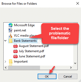 파일 또는 폴더 찾아보기 문제가있는 파일 또는 폴더 선택 확인