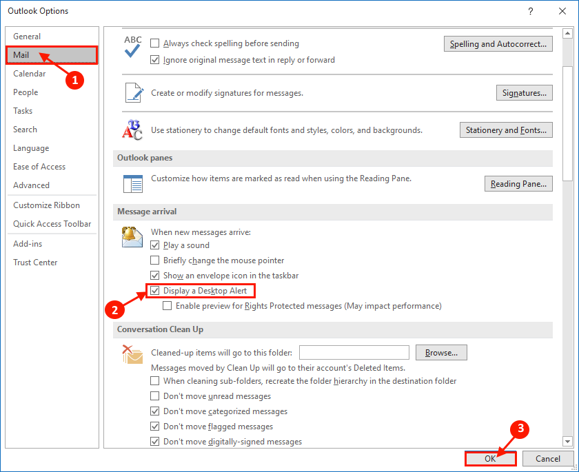 Исправить Не получать новые оповещения по электронной почте в Outlook 2016/2013 в Windows 10