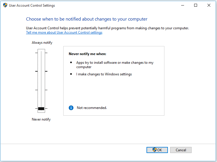 Gebruikersaccountbeheer (UAC)-prompts uitschakelen in Windows 10