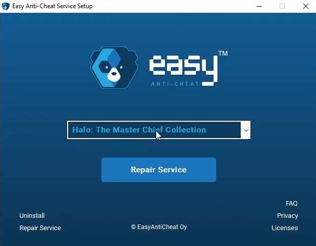 Finestra Easy Anti-Cheat Service Setup halo mcc errore eseguibile di gioco non valido