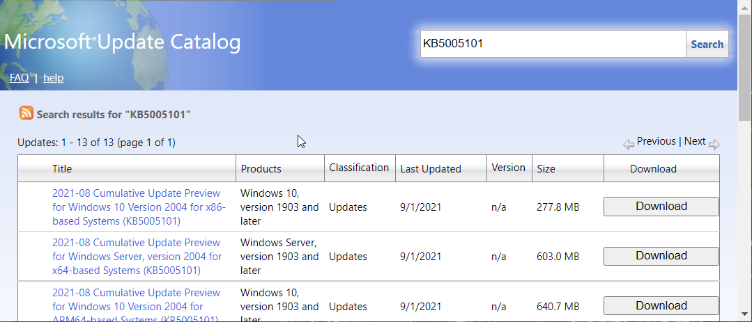 Microsoft Update-catalogus Sommige updatebestanden ontbreken of hebben problemen