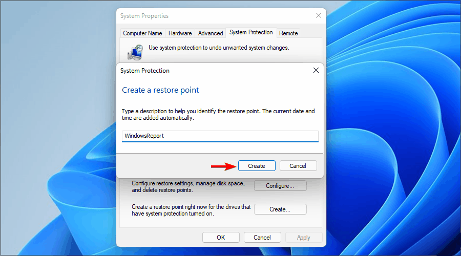 luo palautuspisteen Windows 11 -nimi