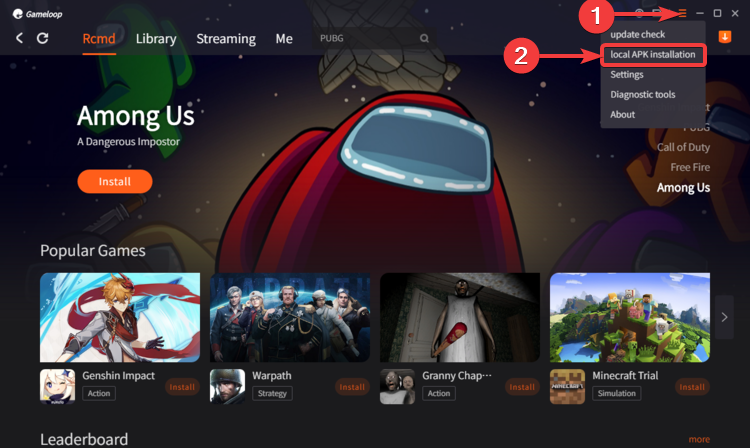 Gameloop prikazuje lokalnu instalaciju APK-a