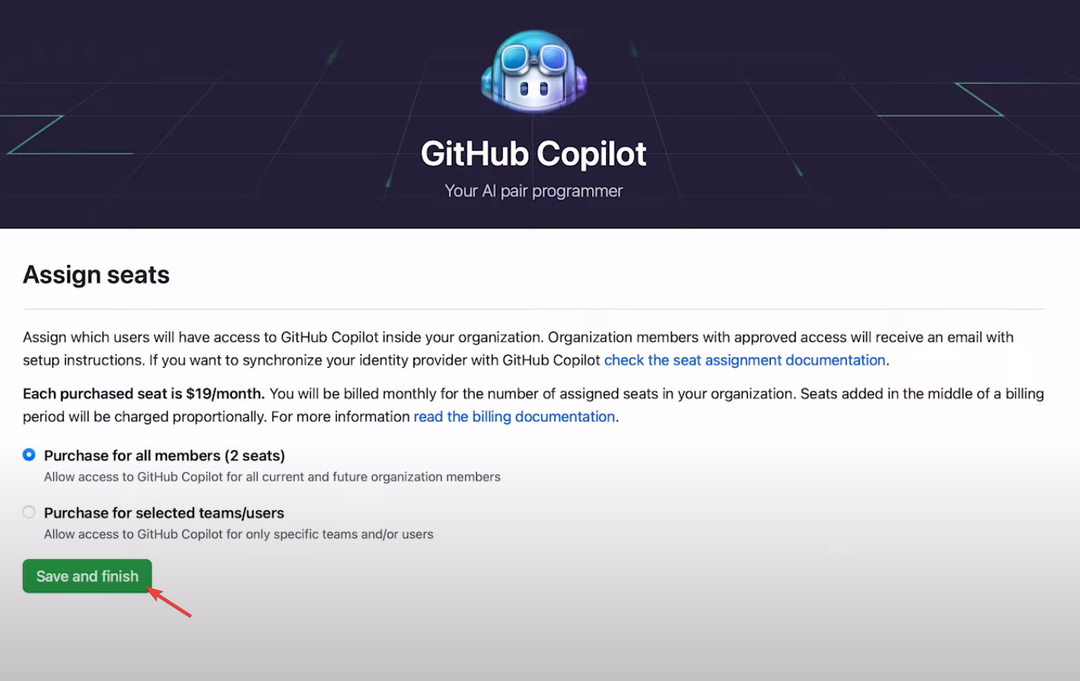 Priraďte stránku miest a kliknite na Uložiť a dokončiť. – GitHub Copilot for Business