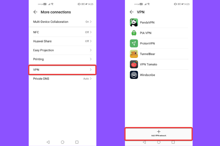 Huawei zobrazuje Ďalšie pripojenia, Pridajte sieť VPN